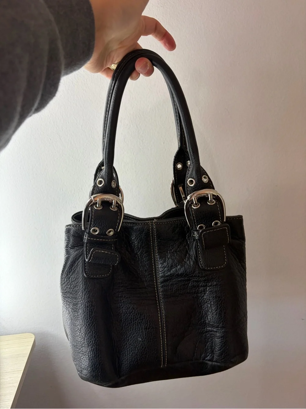 Y2K Tignanello Black Leather Shoulder Bag with Silver Hardware